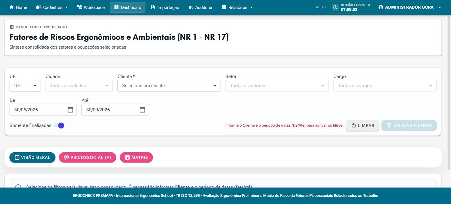 Dashboard consolidado de fatores de riscos ergonômicos e ambientais, NR 1 e NR 17