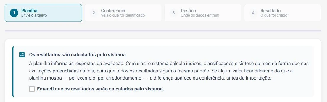Importar planilha OCRA em quatro passos: planilha, conferência, destino e resultado