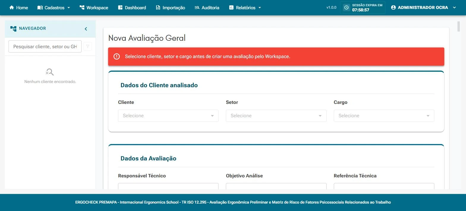 Formulário Nova Avaliação Geral com cliente, setor, cargo e dados da avaliação