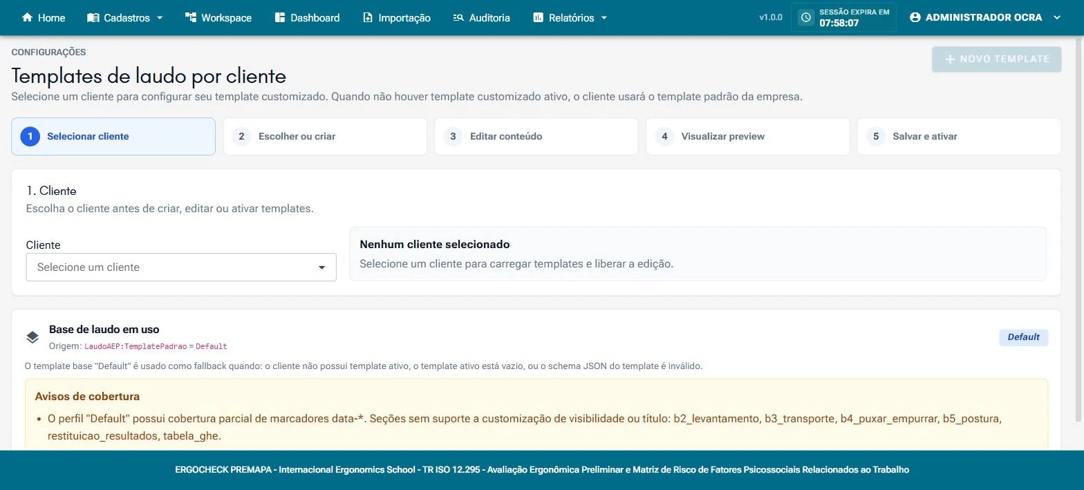 Templates de laudo por cliente em cinco etapas